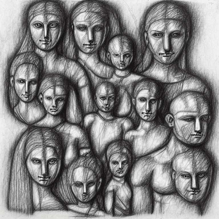 AI generated: Ancient family, pencil drawing, very badly designed, drawing made by a madman, iconcluente design, v...