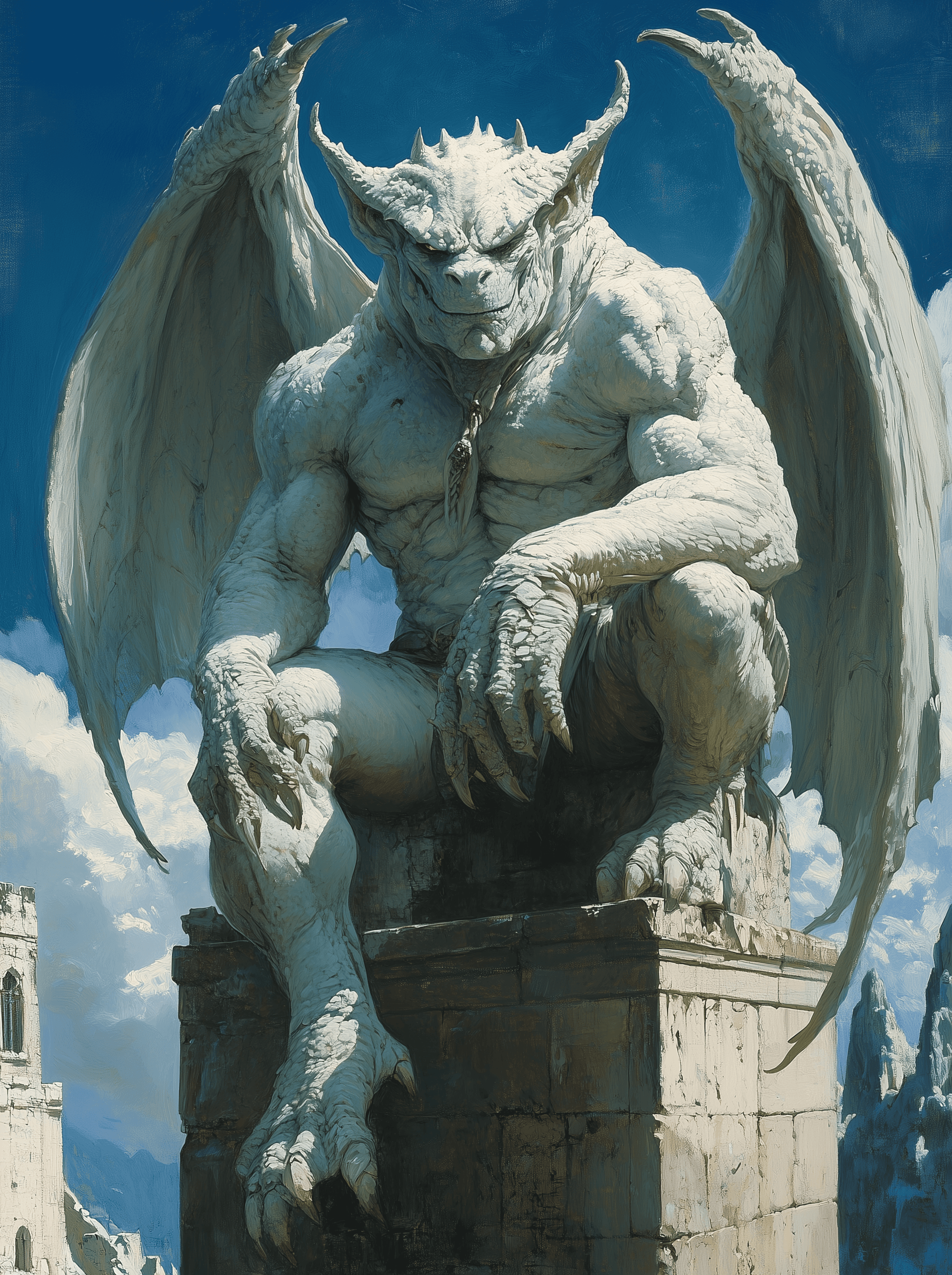 AI generated: A fantasy painting in the style of Frank Frazetta, depicting an alien white demon with large wings a...
