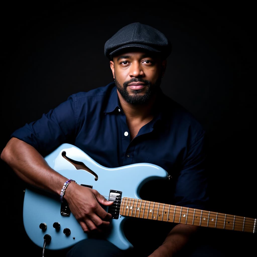 AI generated: A professional musician with a confident expression, wearing a dark blue shirt and a flat cap, sitti...