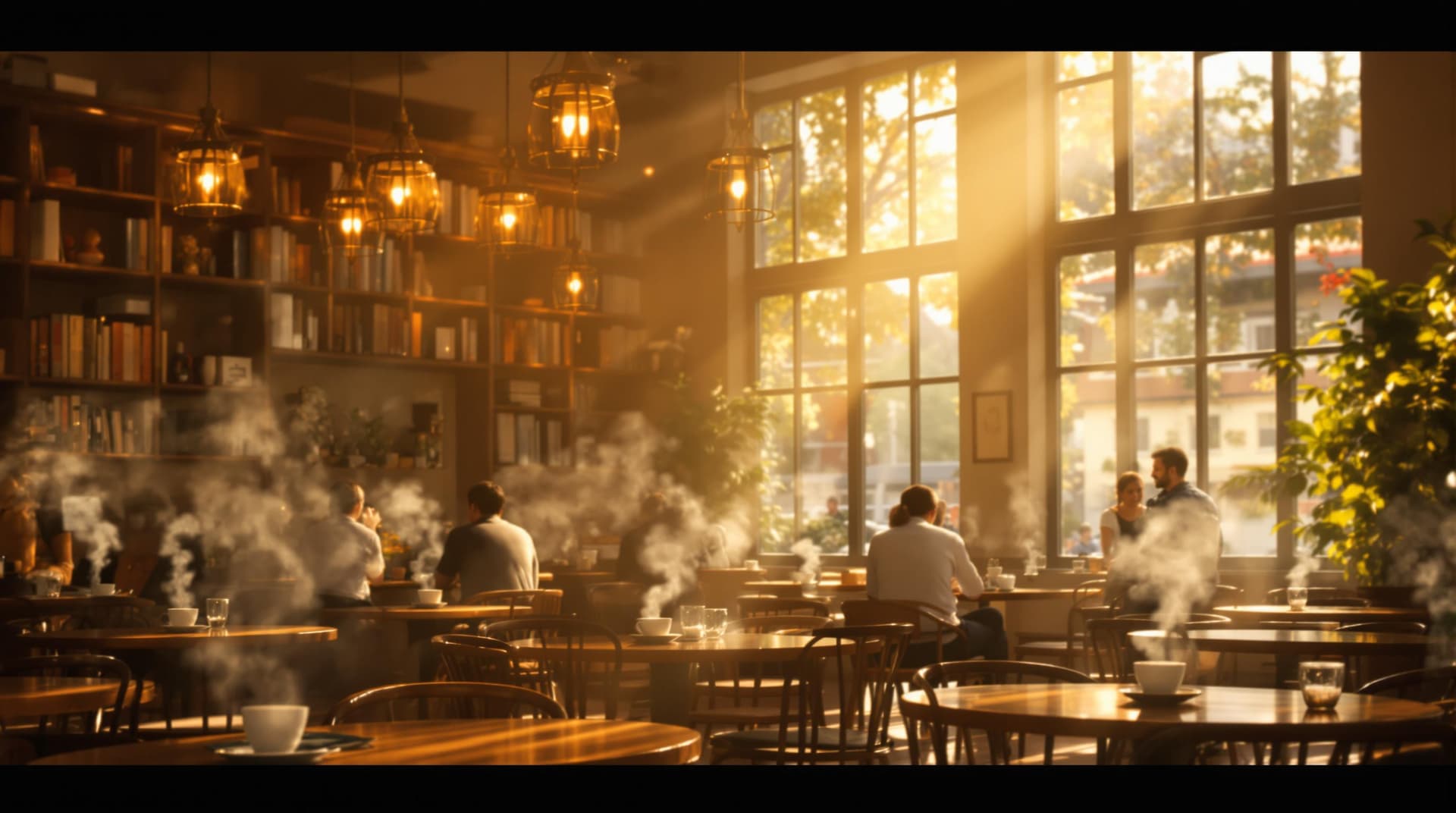 AI generated: (Cinematic UHD, wide shot of a cozy café interior with a warm golden glow, large windows letting in ...
