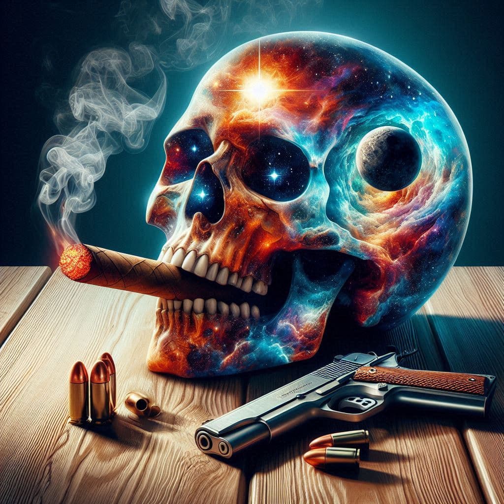 AI generated: a double exposure digital art style image of a large Crystal Skull, inside the head of the skull is ...