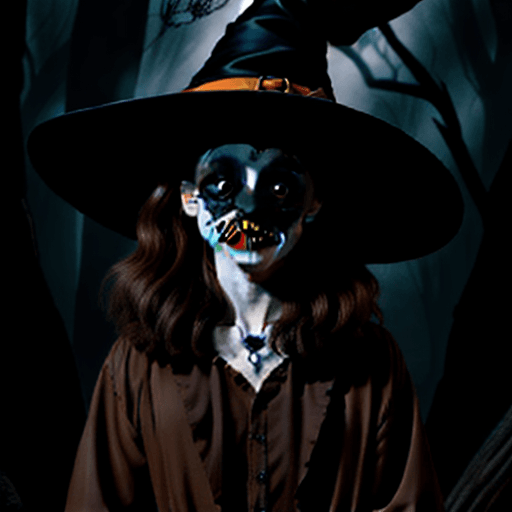 AI generated: Cute koala with brown hair dressed as a witch, tim burton inspired, forest, halloween setting.