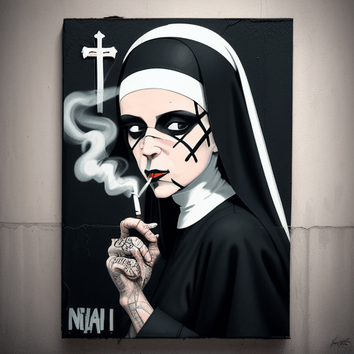 AI generated: a painting of a nun smoking a cigarette, style of Joseph Xerri, religious punk art, art nun banksy g...