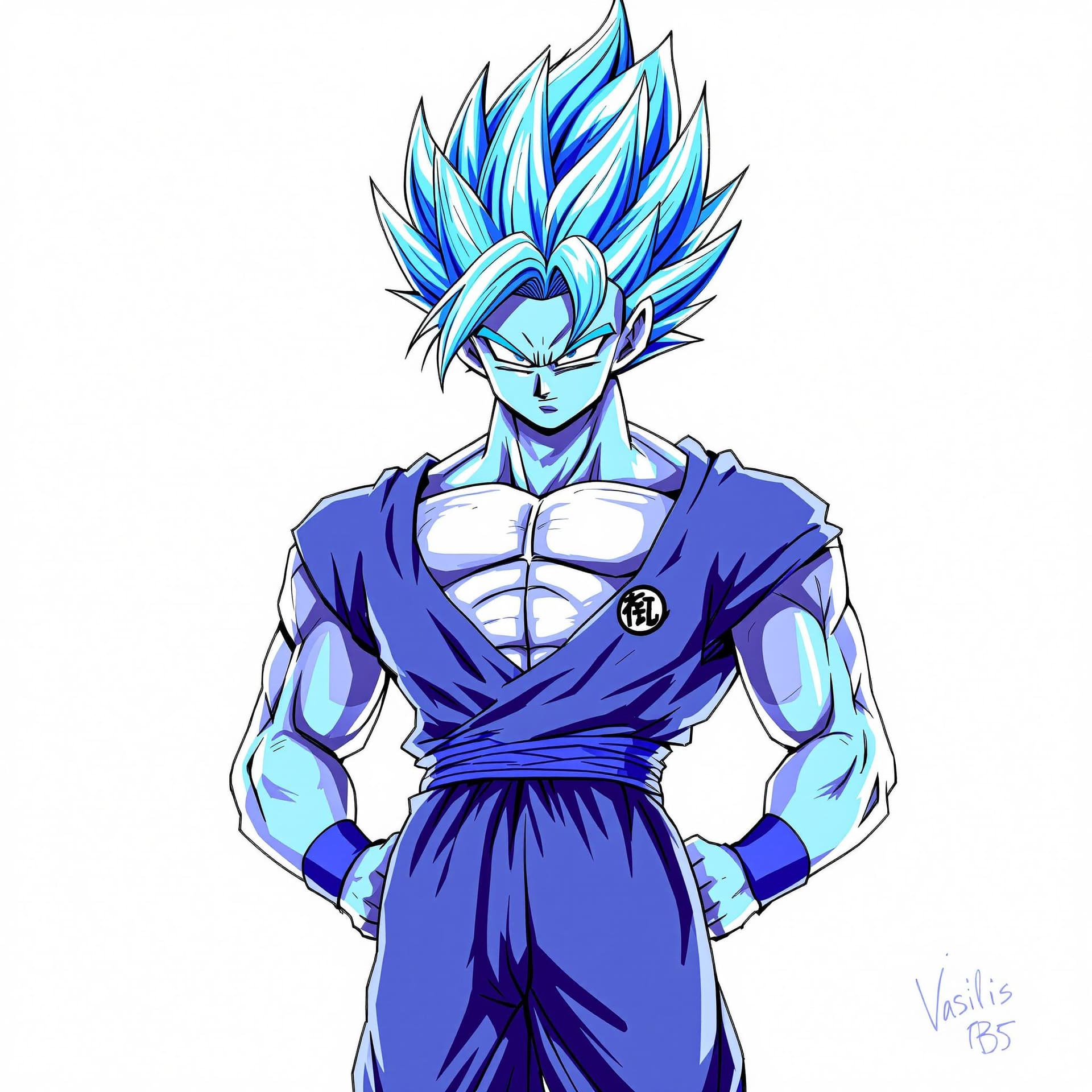 AI generated: Dragonball mighty songoku super saiyan blue form with with his training uniform writen on chest "Vas...