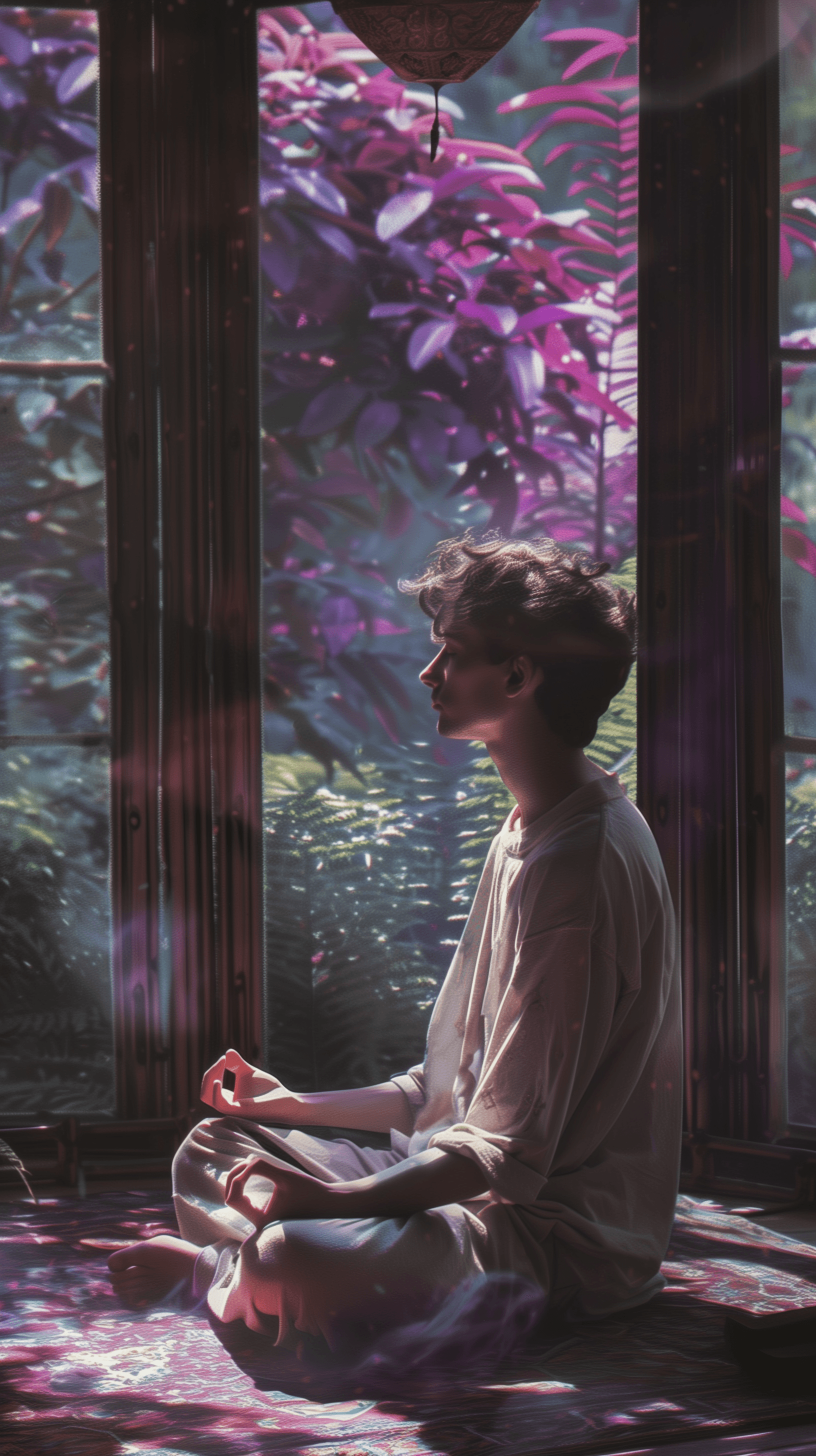AI generated: introspective young man with wavy hair meditates in a serene space, cross-legged on an antique rug, ...