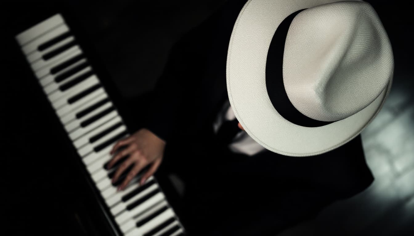 AI generated: portrait capturing the essence of a pianist with white hat from an overhead perspective. Focus on th...