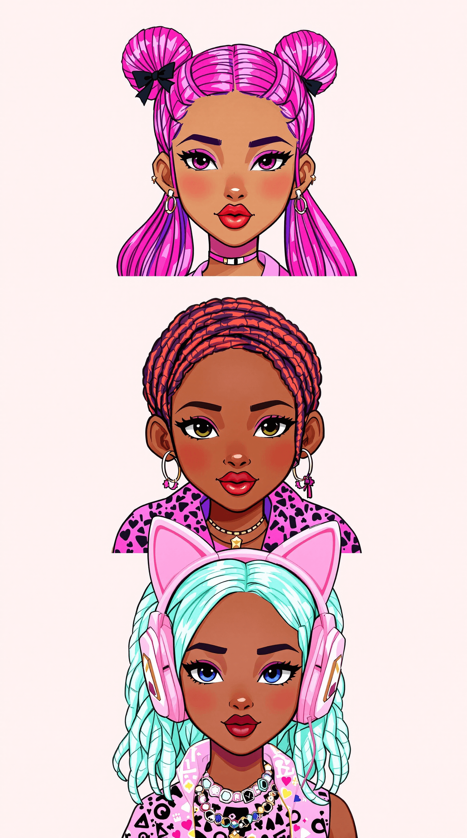 AI generated: 
Four stylized female portraits, vertically aligned, each with vibrant pink, purple, and mint green ...