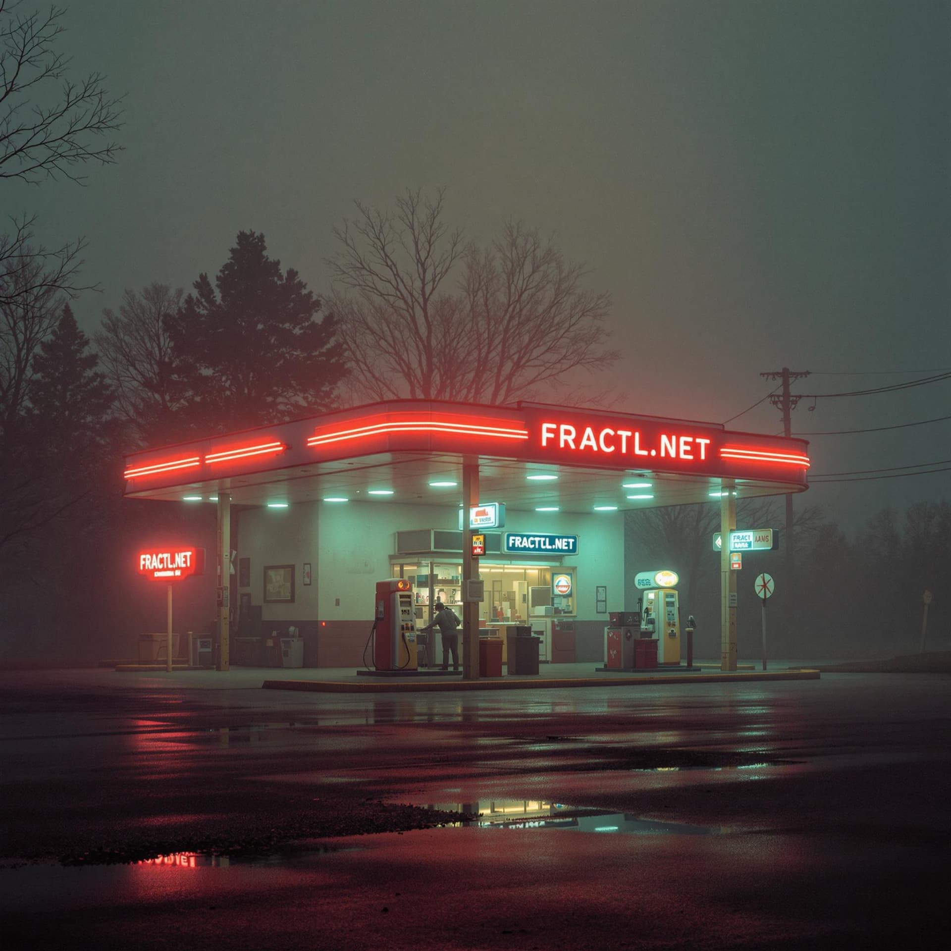 AI generated:  a highly detailed photography of a single gas station with a light sign in the fog, the sign says F...