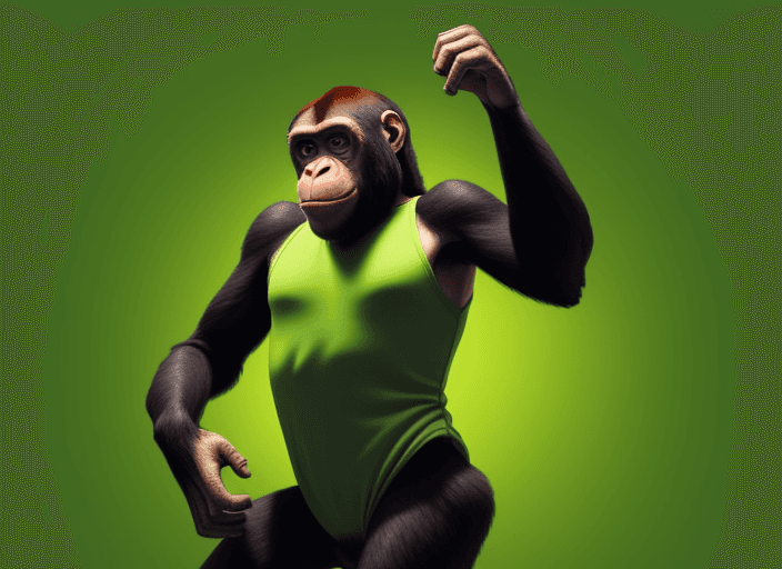 AI generated: Image of a dancing ape in a green background

