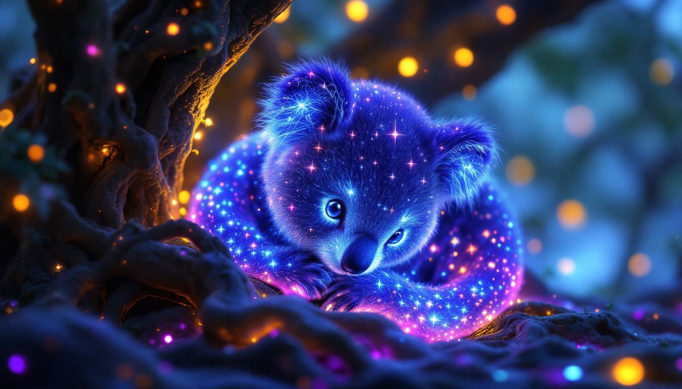 AI generated: Visualize a small, luminescent creature nestled within the glowing roots of an ancient Echo-tree. It...