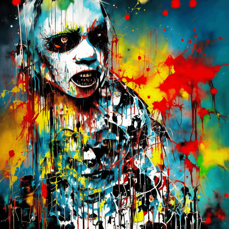 AI generated: Bansky art style, scary clown, dark soul, splash of paint, digital illustration, comic book style, s...