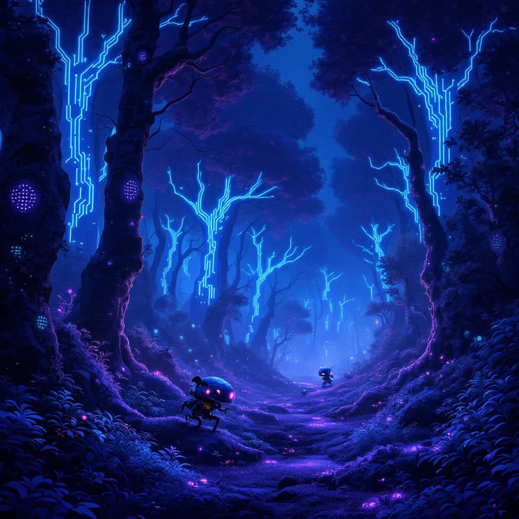AI generated: A bioluminescent forest where the trees have circuit-like patterns that glow with blue and purple li...