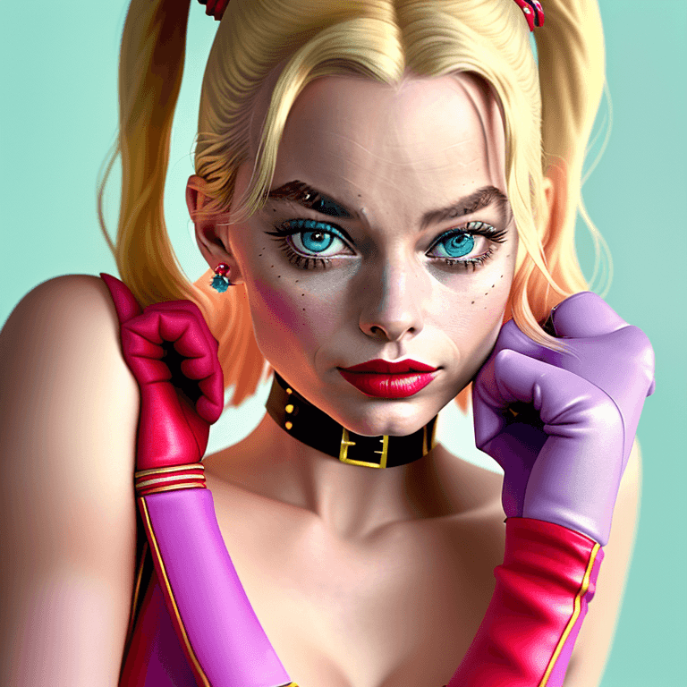 AI generated: Vogue style photo shoot of margot robbie as character harley quinn from the movie The Royal Tenenbau...