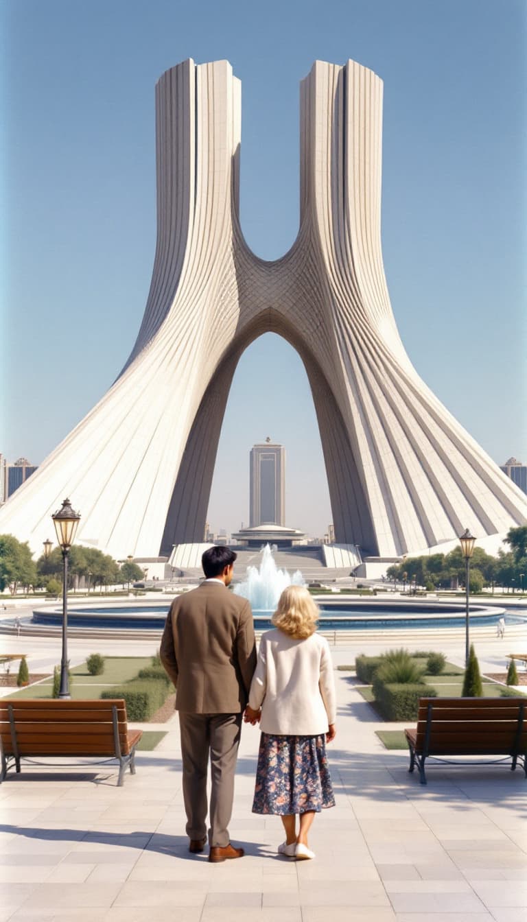 AI generated: A young couple from the 1950s stands in Tehran’s iconic **Azadi Square (formerly Shahyad Square)**, ...