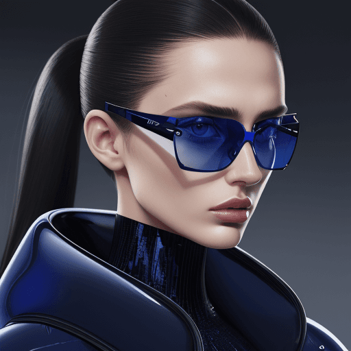 AI generated: Fashion shoot, front portrait, Jacquemus and Moncler collaboration: dark blue translucent futuristic...