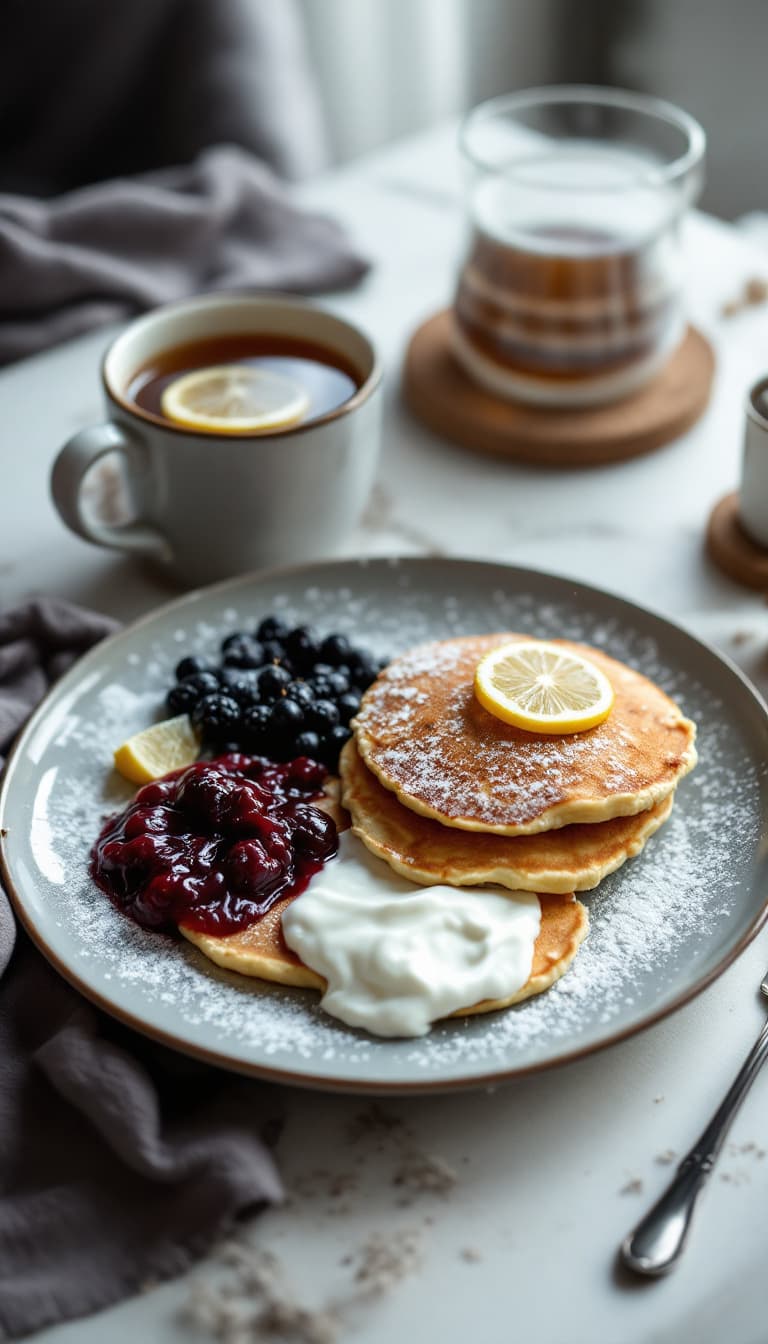 AI generated: A cozy breakfast setup on a white table, perfectly matching the moody, overcast morning. The scene f...