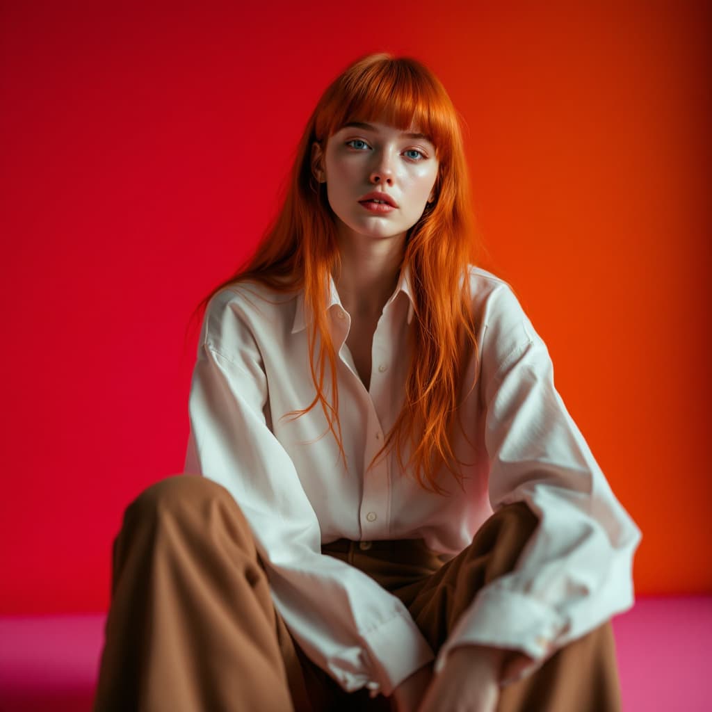 AI generated: Wide and low angle, cinematic fashion photography for the Uniqlo brand. Woman, redhead 
 20 years ol...