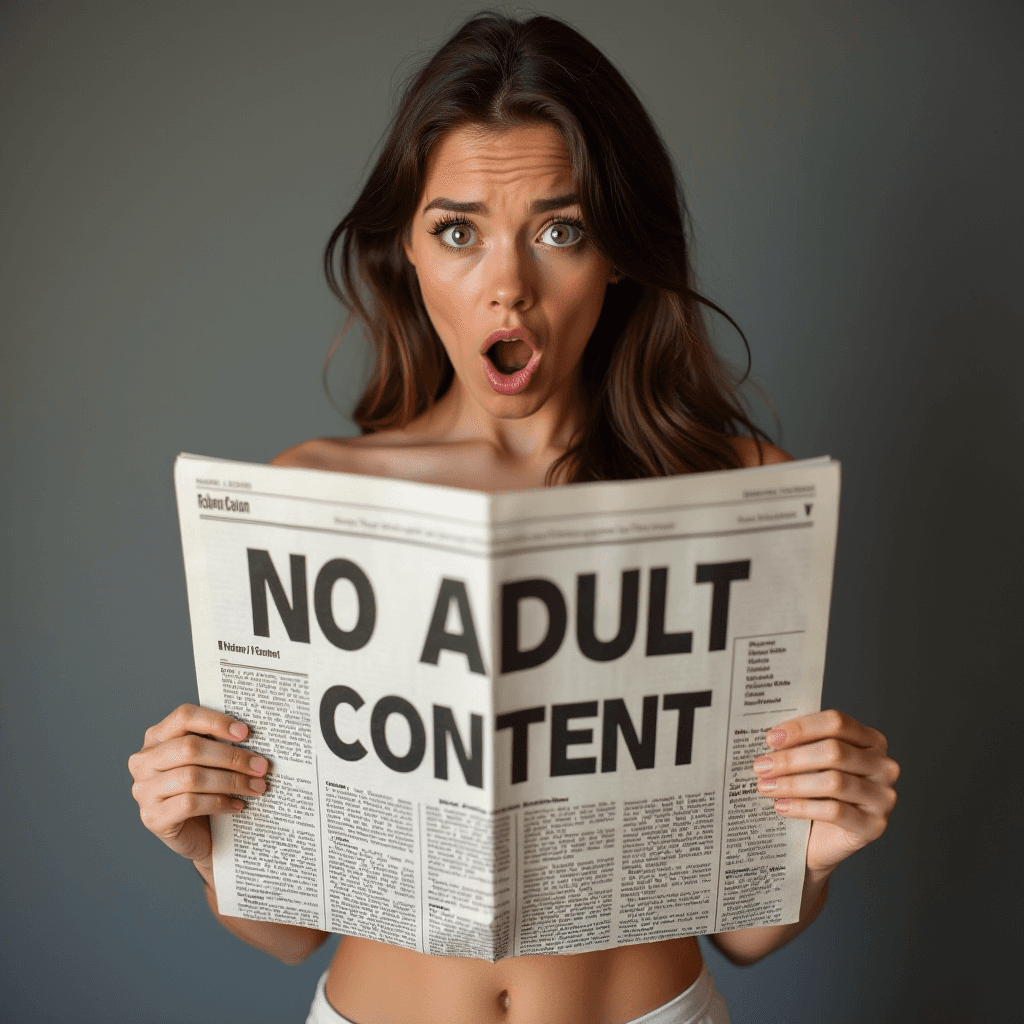 AI generated: A sexy girl holding newspaper with head line "No Adult Content", Shocked face, looking at viewer.