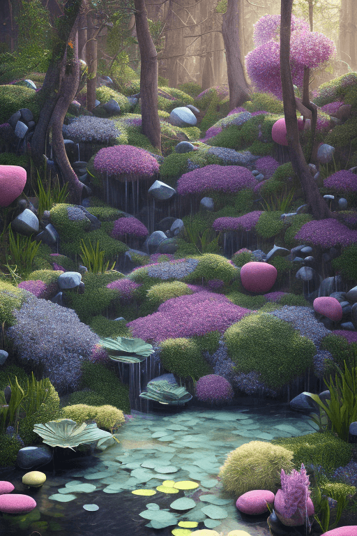 AI generated: relaxing night Forest flower crystals::4 emitting glitter garden landscape with pool of clear water ...