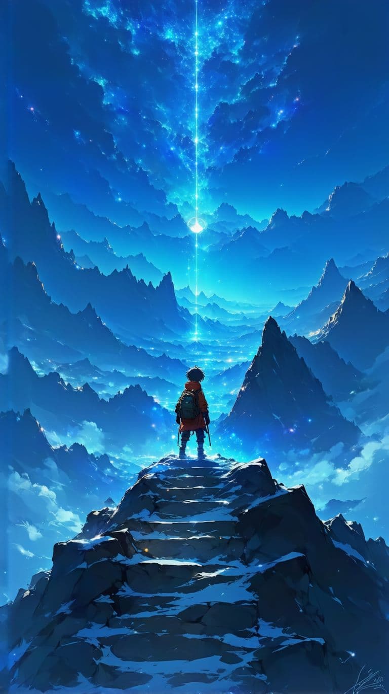 AI generated: An anime-style scene of a lone climber reaching the summit of an impossibly tall, jagged mountain at...