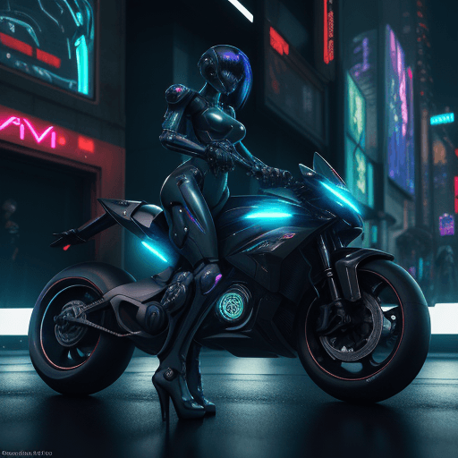 AI generated: Sleek android in a black cybernetic and futuristic exo-suit with a motorcycle in a crowded cyberpunk...