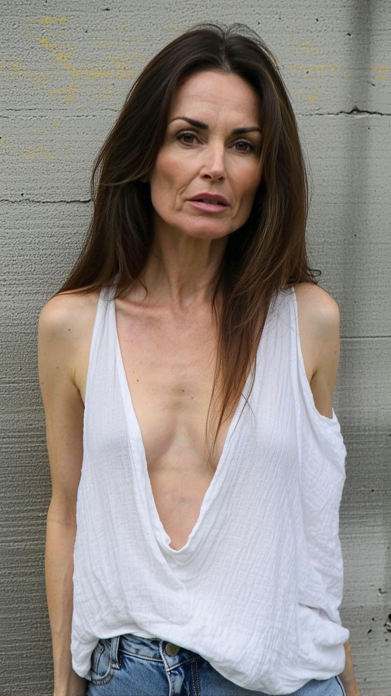 AI generated: A woman with long brunette hair and fair skin is captured in a candid moment. She's wearing a very l...