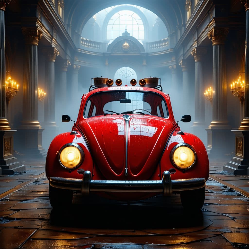 AI generated: General outline of a latest model red volkswagen beetle in steampunk style,  with glowing headlights...
