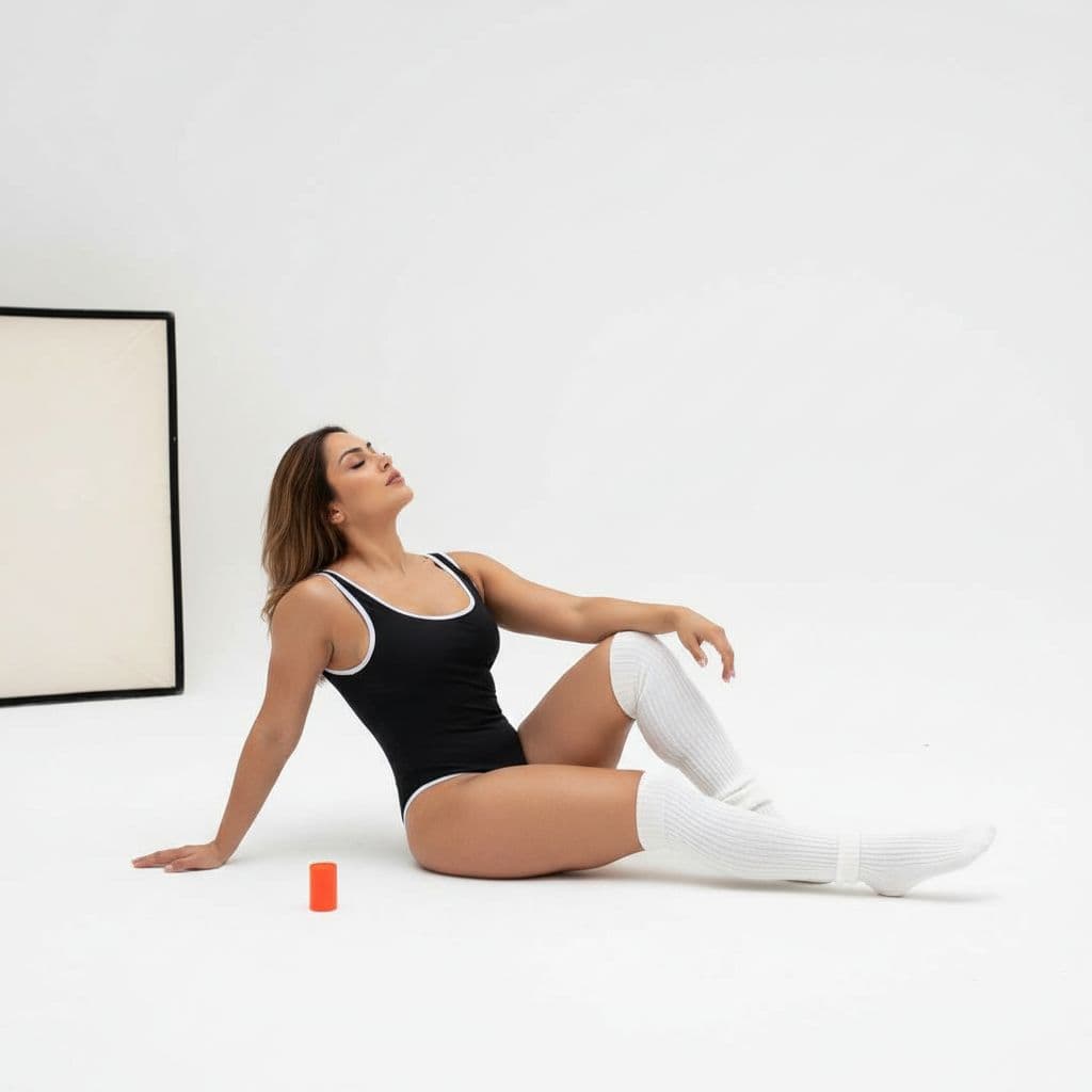 AI generated: A Stunning Muscular Curvy woman with long, light brown hair is posing in a minimalist studio setting...