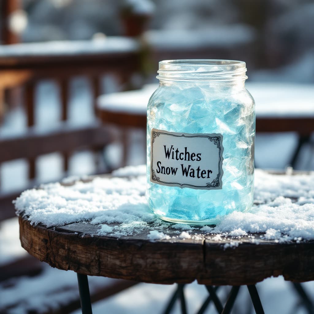 AI generated: photorealistic image shows a jar of ice-like substance on a outside table with snow table, with the ...