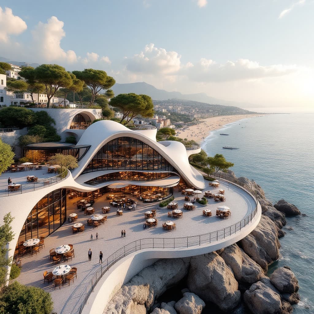 AI generated:  Bird's eye View of  modern Cafe comes restaurant with 3 built structure  with  paris's Architecture...