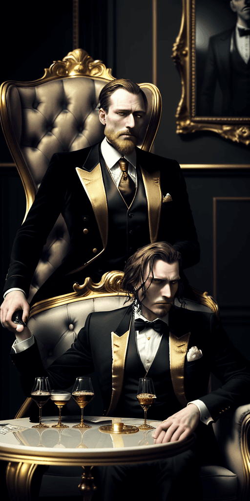 AI generated: 
dark and sad atmosphere in the foreground a golden table on the cream is money and whiskey in the b...