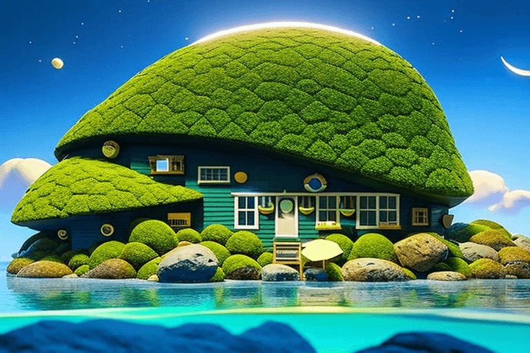 AI generated: complex 3d render ultra detailed, 8k, (full moon) night sky, torquise agate sea dazzling foamy blue ...