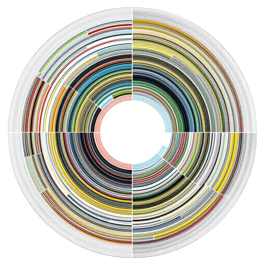 AI generated: A large circle broken into smaller sections, each with different colors and lines stretching from th...