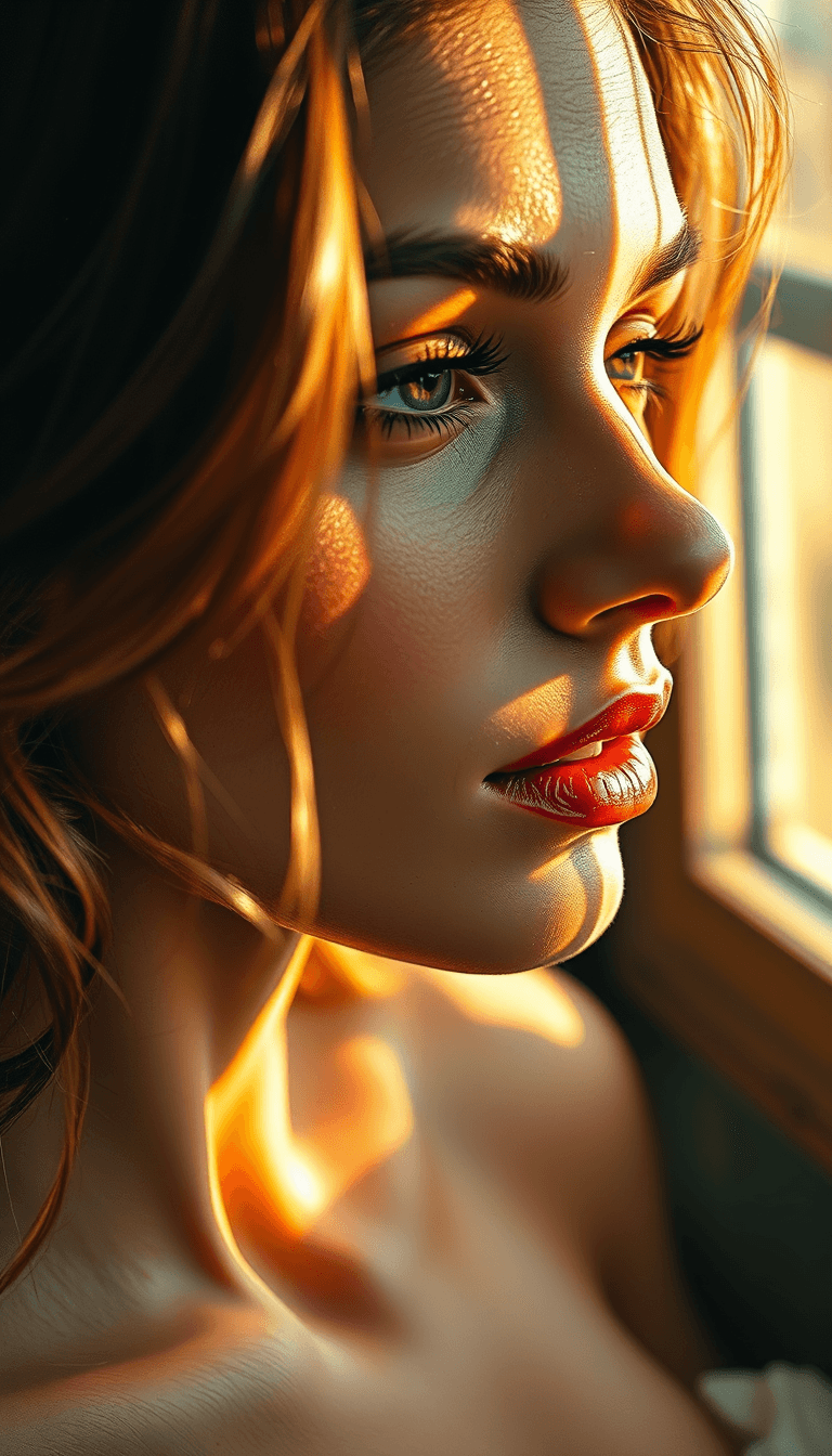 AI generated: A stunning, close-up portrait of a ravishing woman, bathed in soft, golden light streaming through a...