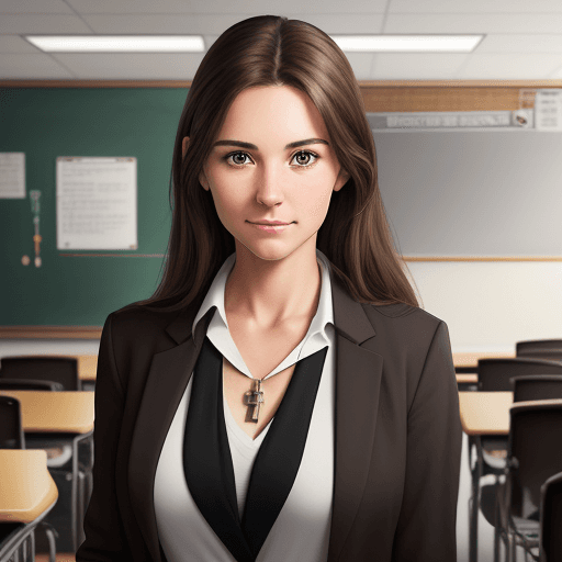 AI generated: Generate a realistic portrait of a high school teacher who is female with long, brown hair and brown...