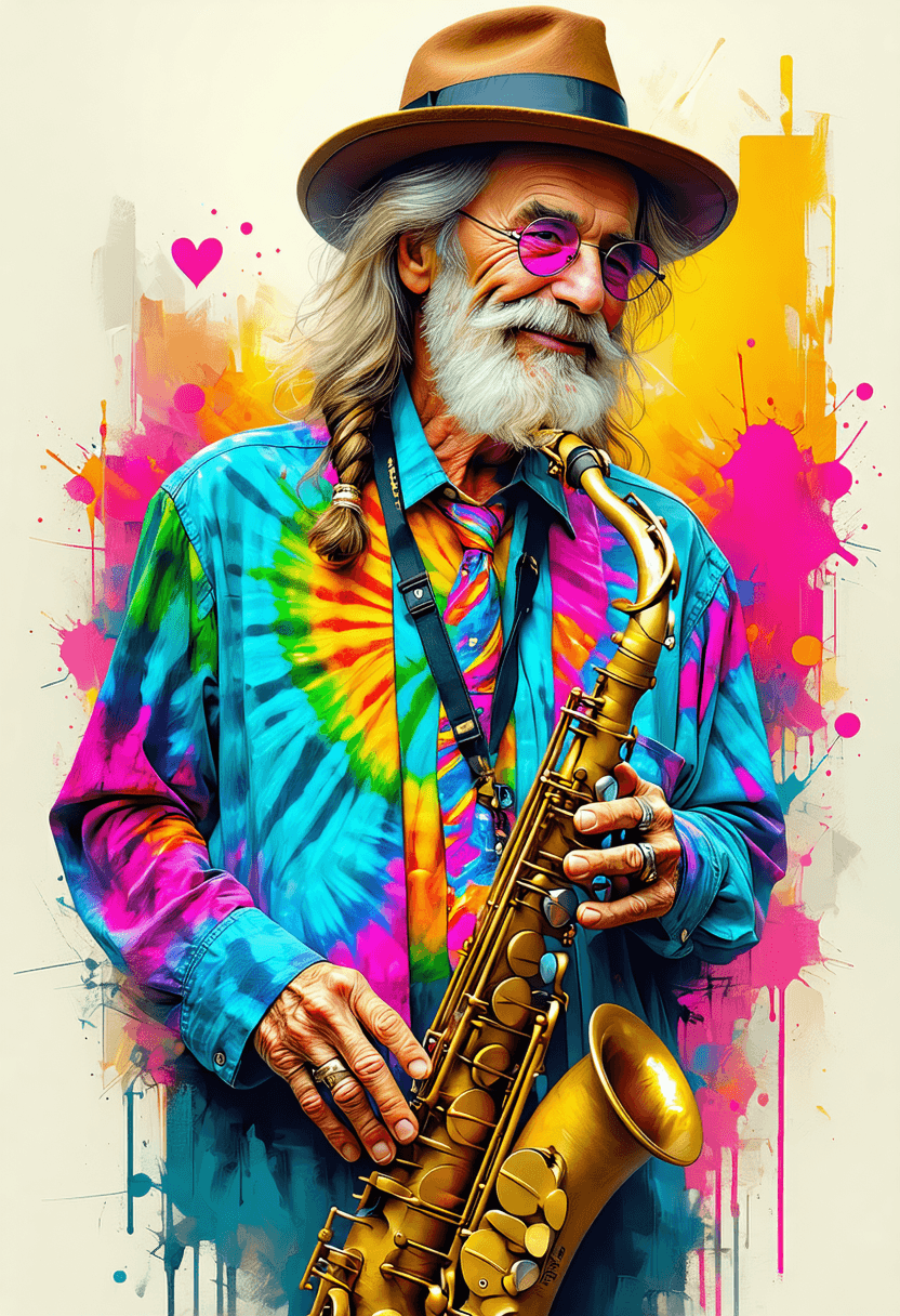 AI generated: A retro, vintage Art Deco 3D HDR illustration of a 60-year-old Caucasian male saxophonist. He is dep...