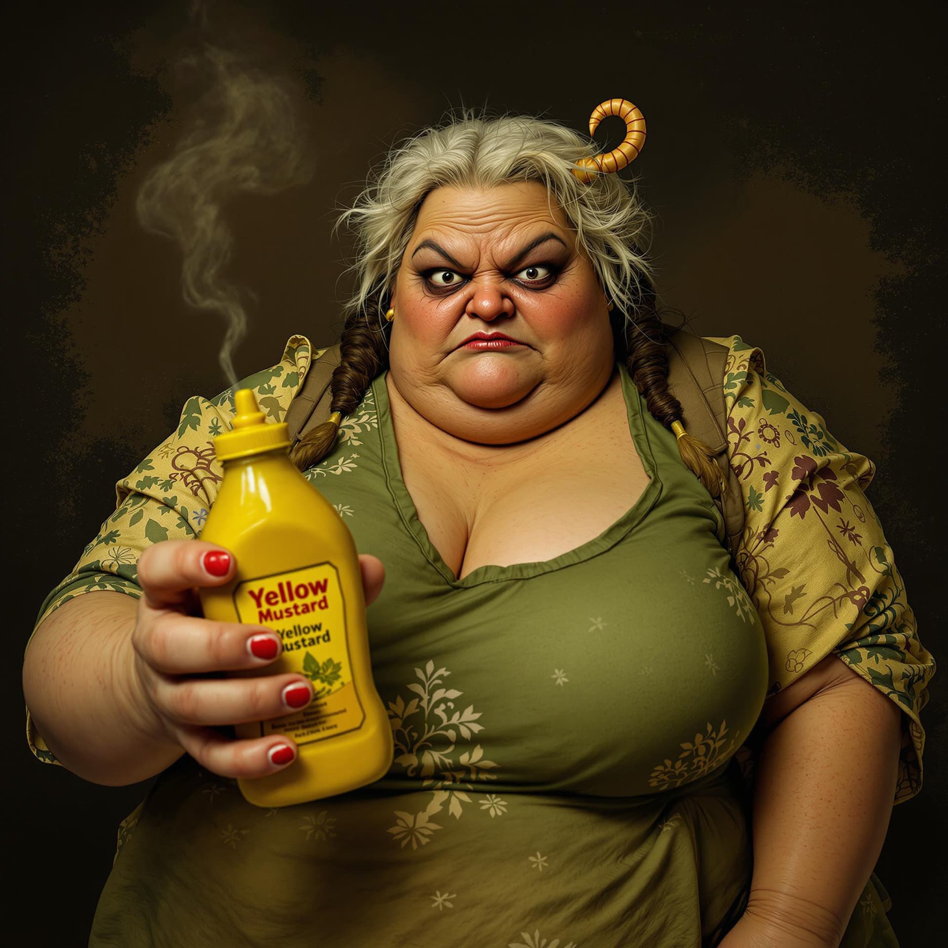 AI generated: Ugly fat woman holding a bottle of yellow mustard 