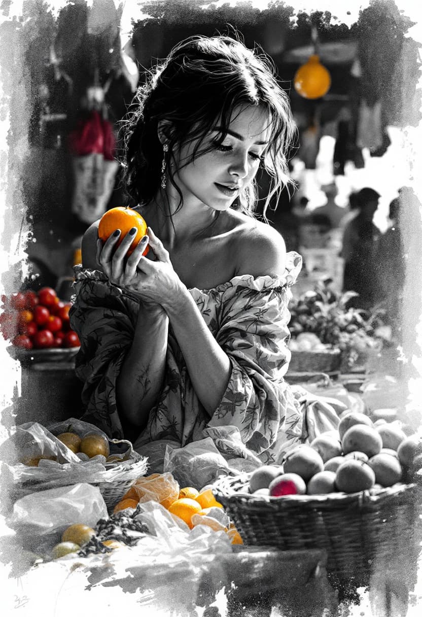 AI generated: Sketch, Beautiful Pencil Line Art, Artistic Brush Strokes, Beautiful, Market Vendor, Beautiful Girl ...