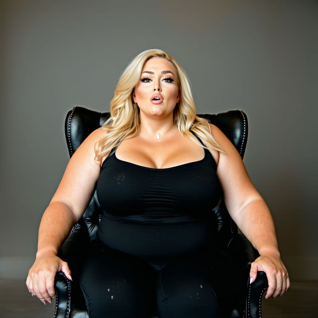 AI generated: Woman in Front of a chair, she has blonde hair and big tits. She is curvy. Her breasts are covered w...