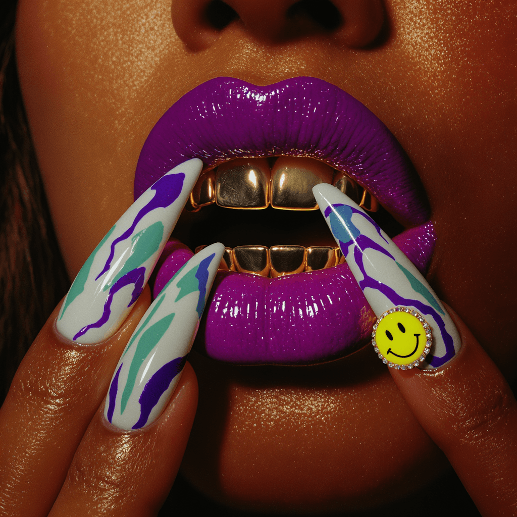 AI generated: close-up photograph of glossy purple, full lips slightly parted and twisted, revealing teeth with a ...