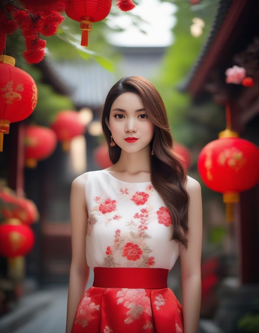 AI generated: girl stands in a red flower surrounded street, in the style of chinese cultural themes, romantic and...