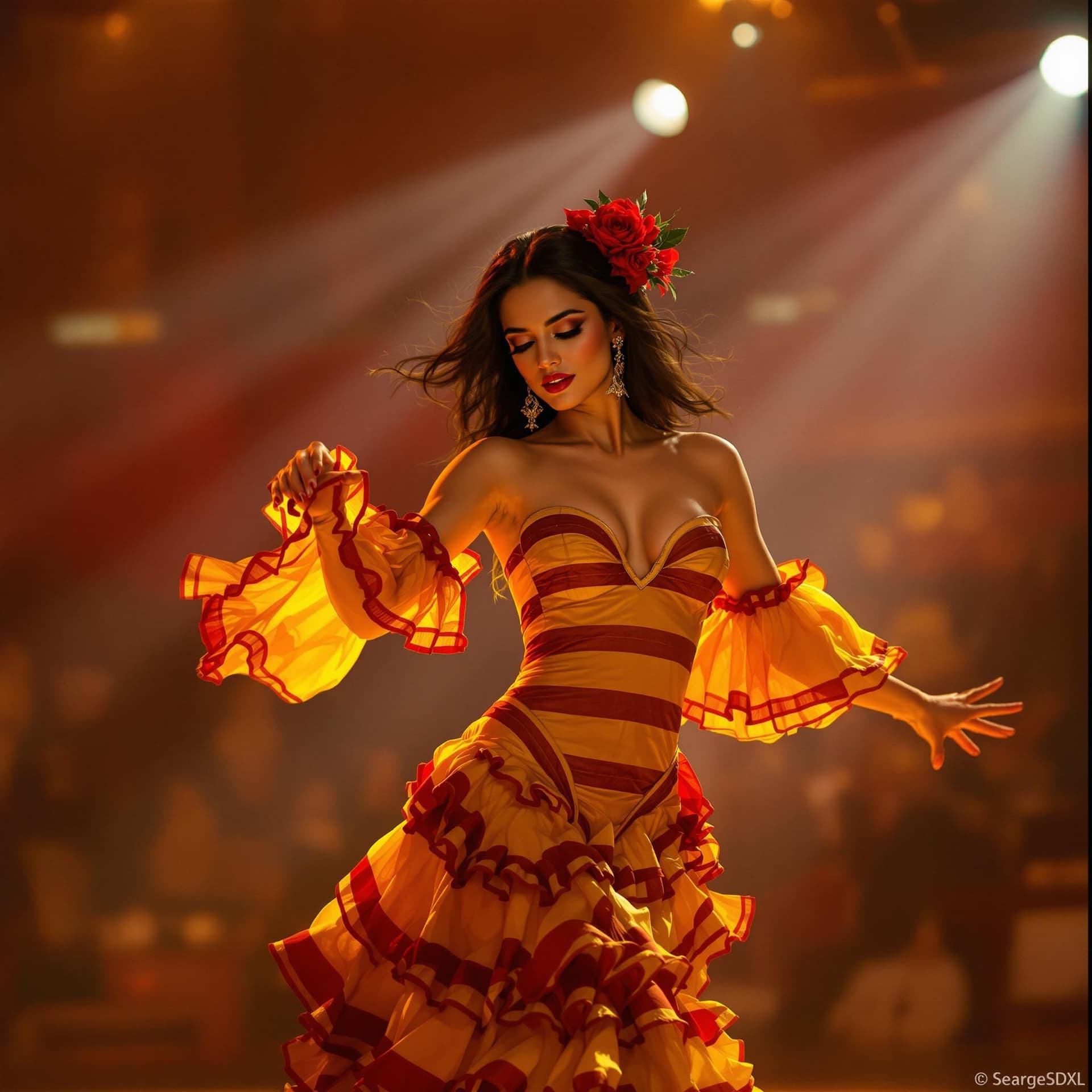 AI generated: photo of Penélope Cruz, in a Spanish flamenco dance floor, passionate Indian beauty, flamenco dancer...