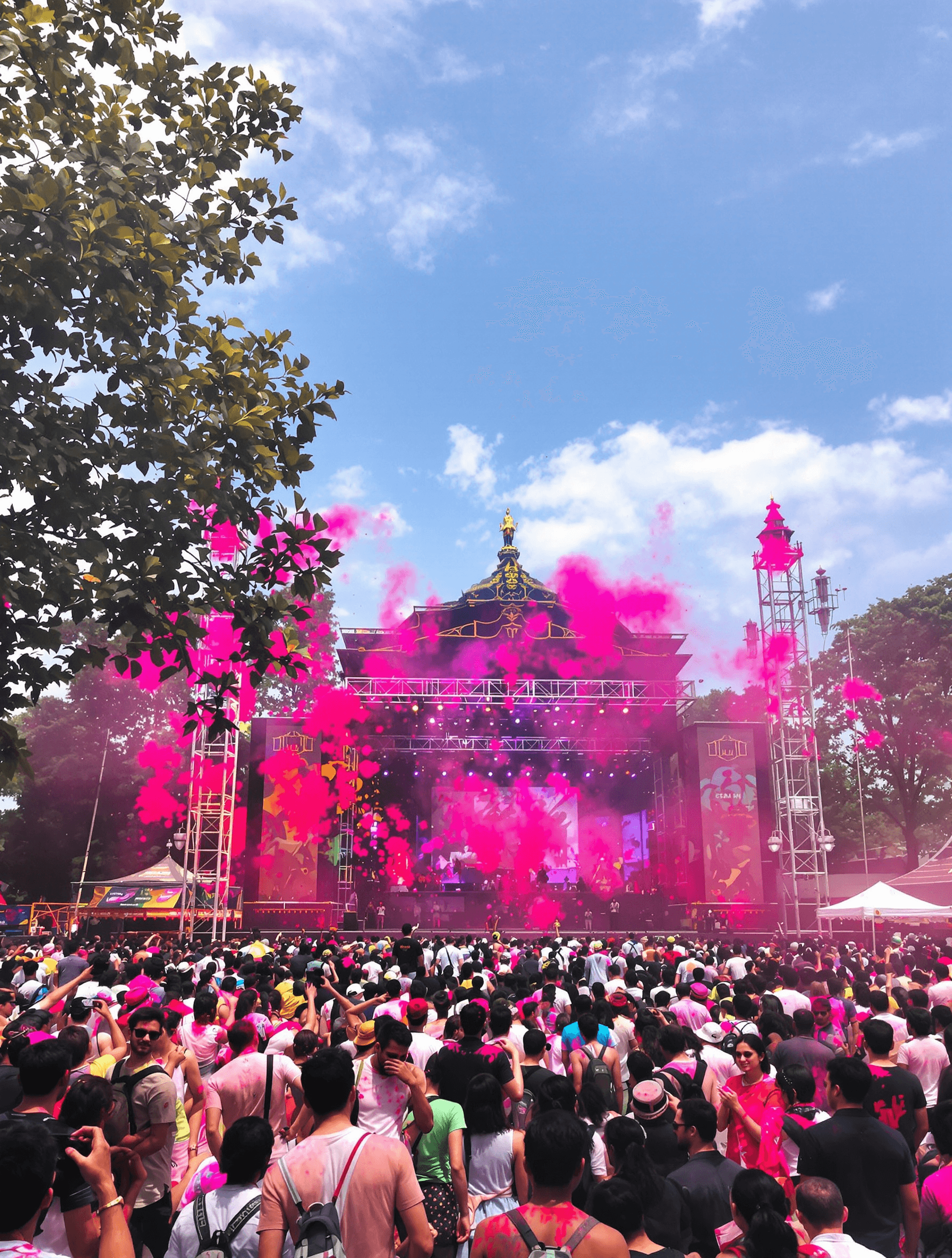 AI generated: Create a background in 3:4 ratio in which the Holi colour is there and there is colour stalls,food s...