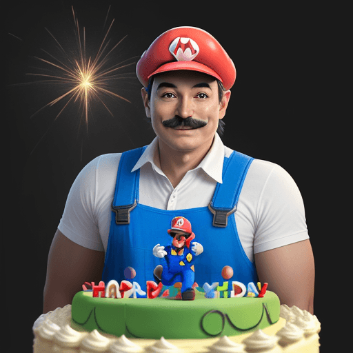 AI generated: Super Mario, without mustache and hat, happily emerging from a birthday cake thanks to his colorful ...