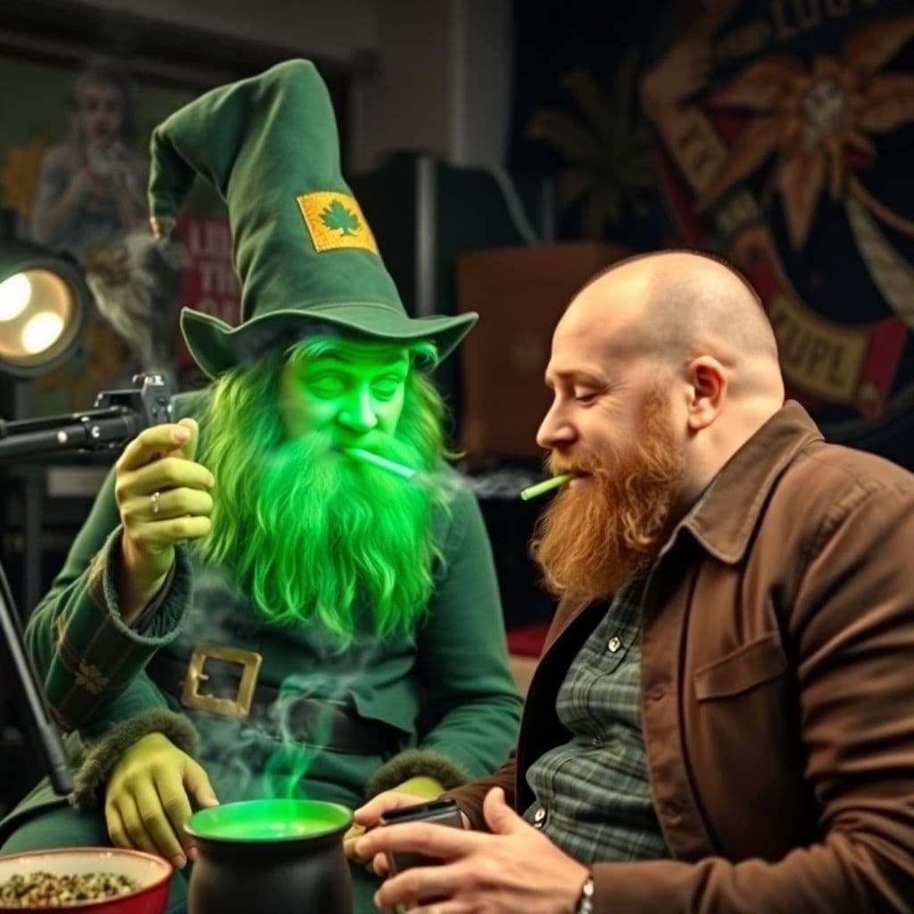 AI generated: Joe Rogan on set with mysterious leprechaun. smoking weed