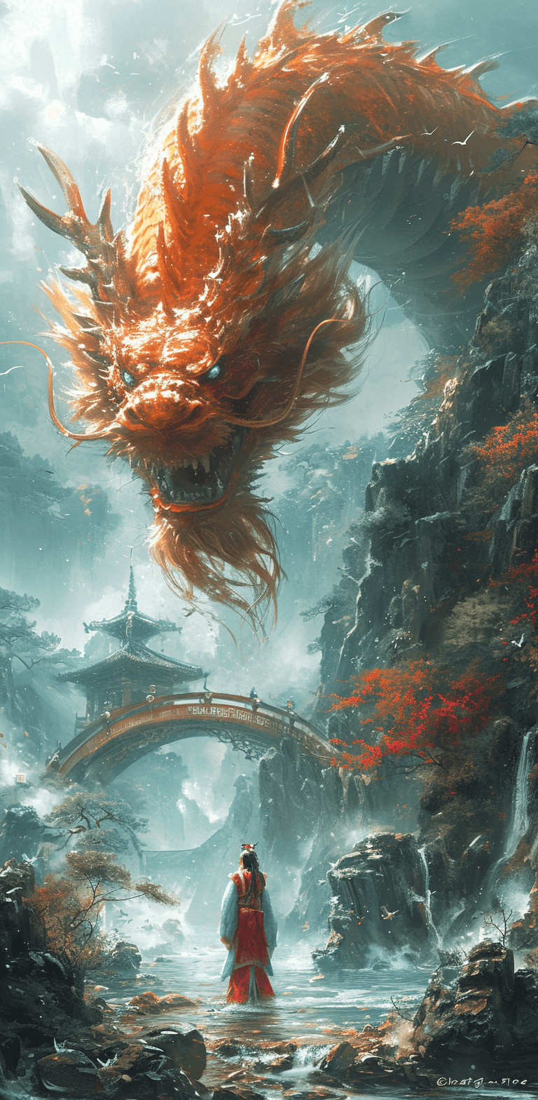AI generated: a Chinese woman is in a river with an orange dragon above a bridge, in the style of epic fantasy sce...