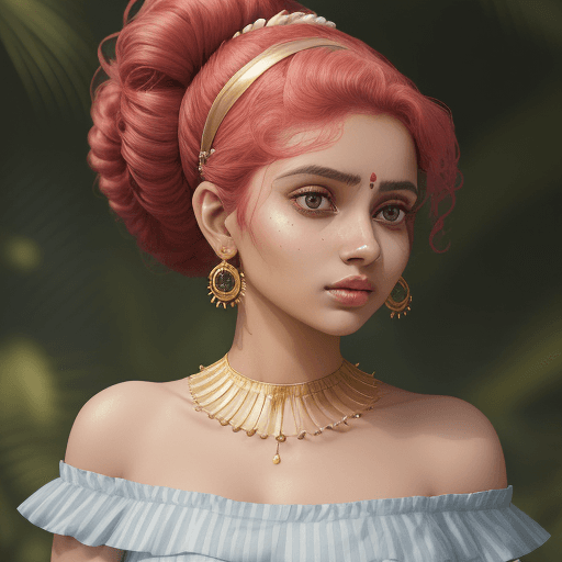 AI generated: A portrait of a young india woman with a voluminous updo hairstyle and a fine hairband. Her strawber...