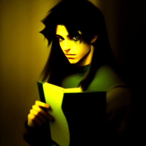 AI generated: young 18-year-old prince with dark streaked hair and yellowish-green eyes with a book in hand