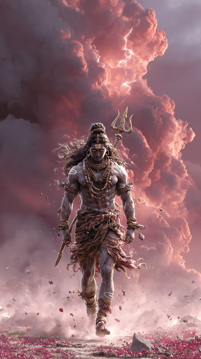 AI generated: Lord Shiva, with ash-smeared body and matted locks crowned with the crescent moon, walks across a sh...