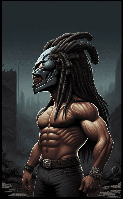 AI generated: A portrait Avatar of Predator as an 8-bit Vintage Retro Pixelated Style Game, warrior, muscular, cit...